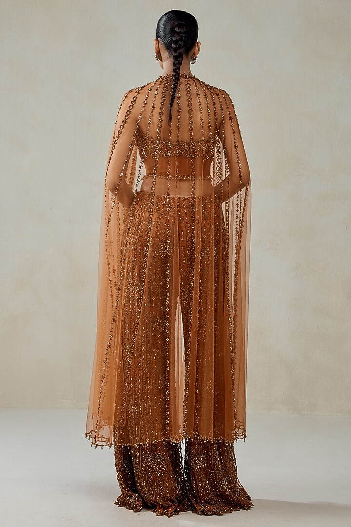 Copper Net Hand Embellished Sheer Cape Set by NITIKA GUJRAL at Pernia's Pop Up Shop