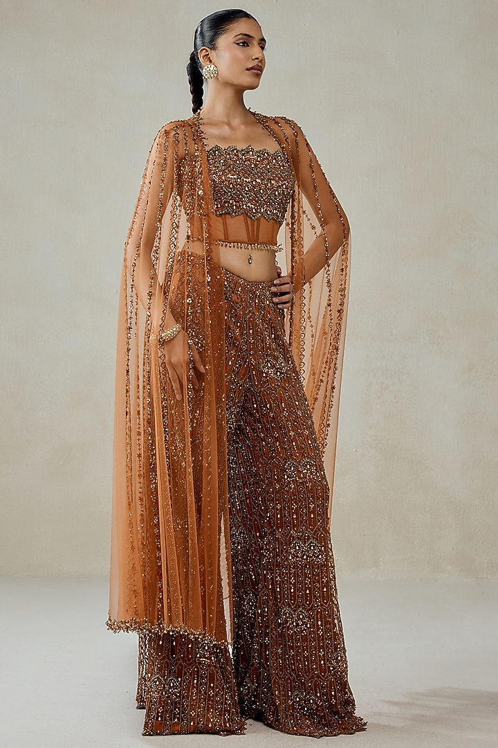 Copper Net Hand Embellished Sheer Cape Set by NITIKA GUJRAL at Pernia's Pop Up Shop