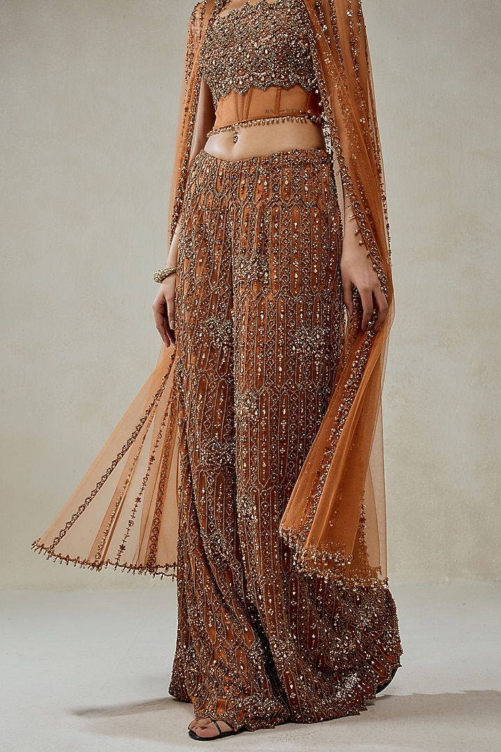 Copper Net Hand Embellished Sheer Cape Set by NITIKA GUJRAL at Pernia's Pop Up Shop