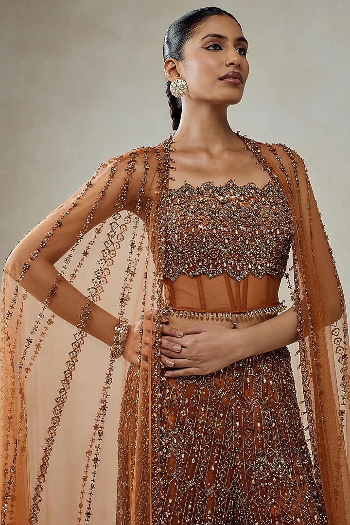 Copper Net Hand Embellished Sheer Cape Set by NITIKA GUJRAL at Pernia's Pop Up Shop