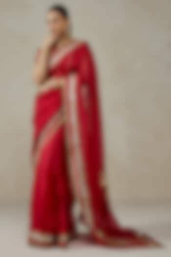 Red Organza Motif Embroidered Wedding Saree Set by NITIKA GUJRAL at Pernia's Pop Up Shop