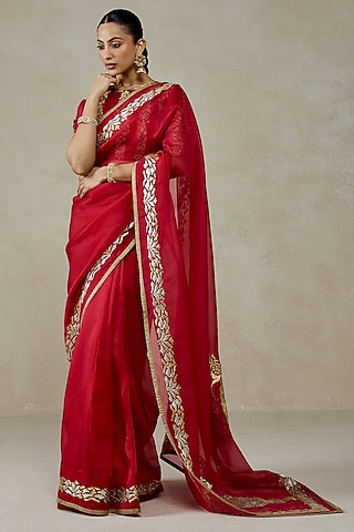 Red Organza Motif Embroidered Saree Set by NITIKA GUJRAL
