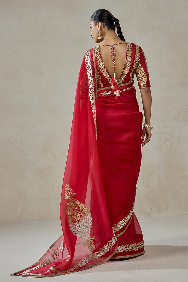 Red Organza Motif Embroidered Wedding Saree Set by NITIKA GUJRAL at Pernia's Pop Up Shop