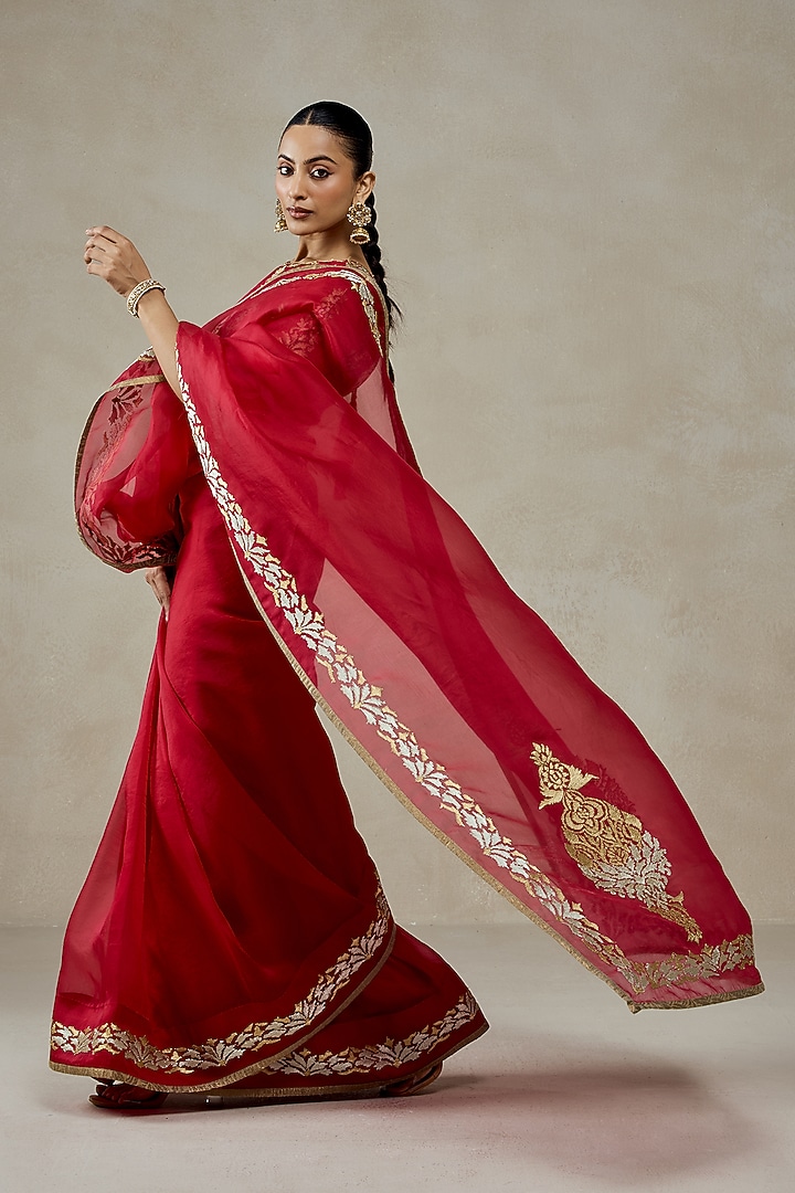 Red Organza Motif Embroidered Wedding Saree Set by NITIKA GUJRAL at Pernia's Pop Up Shop