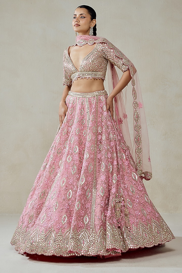 Pink Organza Floral Embroidered Bridal Lehenga Set by NITIKA GUJRAL at Pernia's Pop Up Shop
