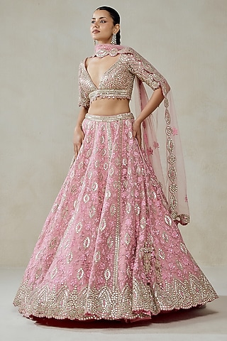 Pink Organza Floral Embroidered Lehenga Set by NITIKA GUJRAL