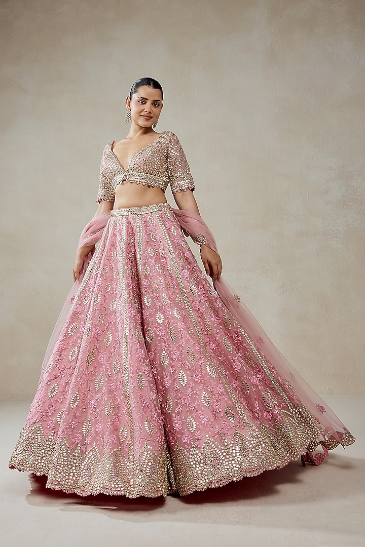 Pink Organza Floral Embroidered Bridal Lehenga Set by NITIKA GUJRAL at Pernia's Pop Up Shop