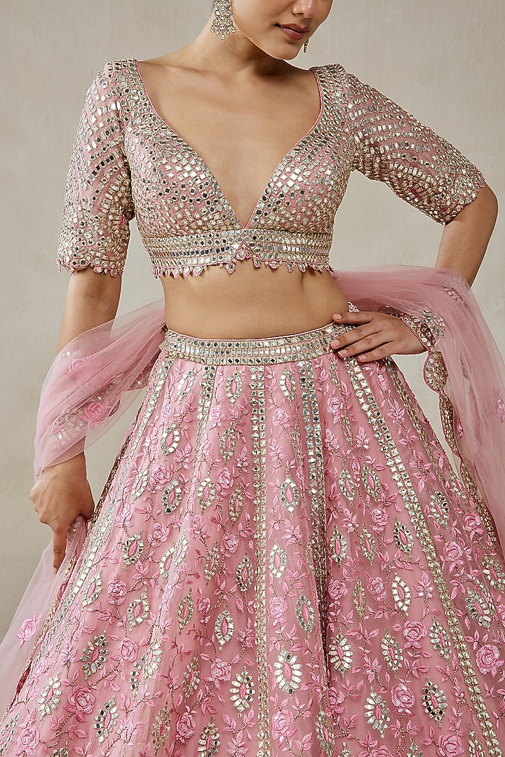 Pink Organza Floral Embroidered Bridal Lehenga Set by NITIKA GUJRAL at Pernia's Pop Up Shop