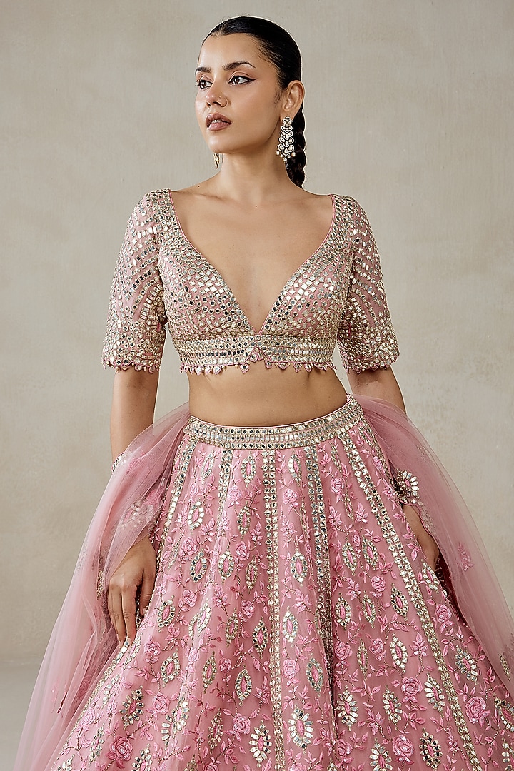 Pink Organza Floral Embroidered Bridal Lehenga Set by NITIKA GUJRAL at Pernia's Pop Up Shop