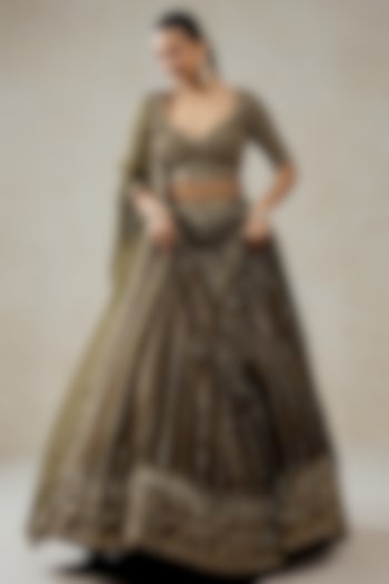 Mehendi Green Organza Sequins Embroidered Bridal Lehenga Set by NITIKA GUJRAL at Pernia's Pop Up Shop