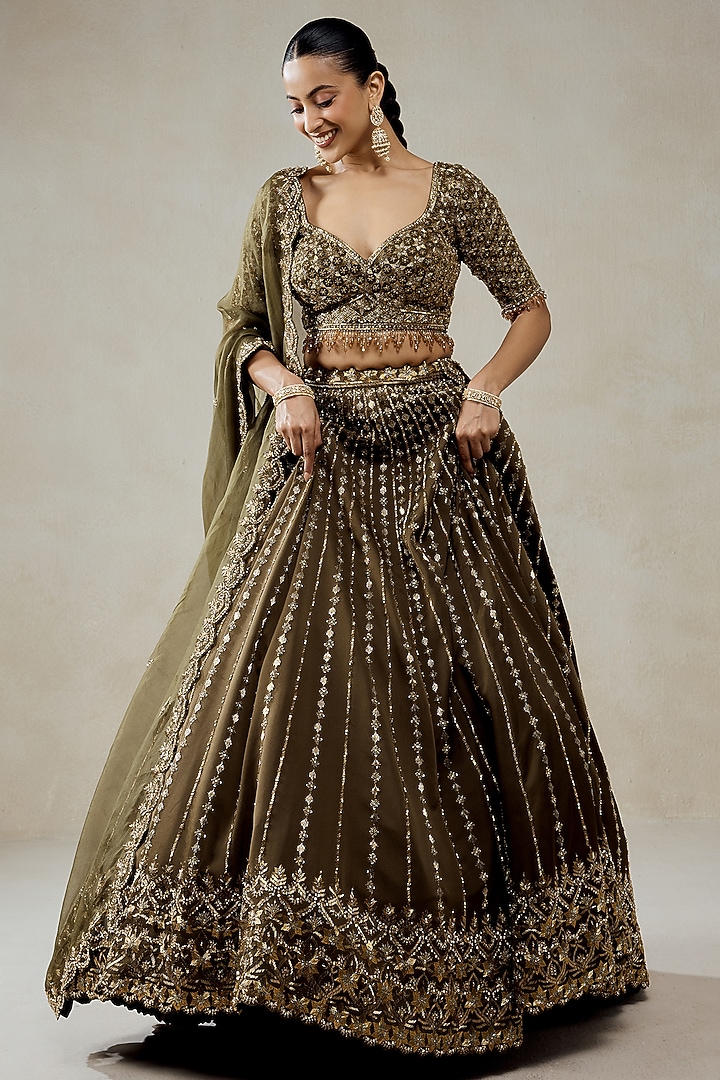 Mehendi Green Organza Sequins Embroidered Bridal Lehenga Set by NITIKA GUJRAL at Pernia's Pop Up Shop