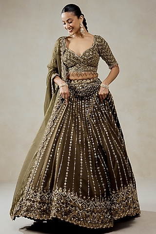 Mehendi Green Organza Sequins Embroidered Lehenga Set by NITIKA GUJRAL