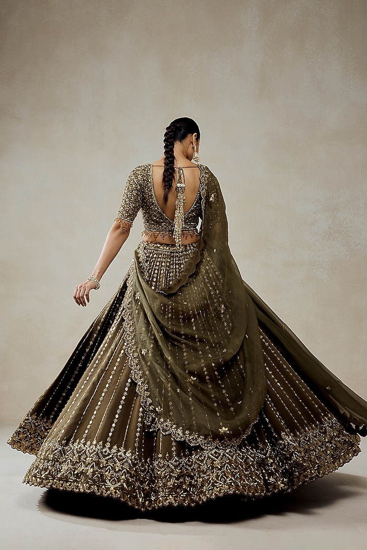 Mehendi Green Organza Sequins Embroidered Bridal Lehenga Set by NITIKA GUJRAL at Pernia's Pop Up Shop