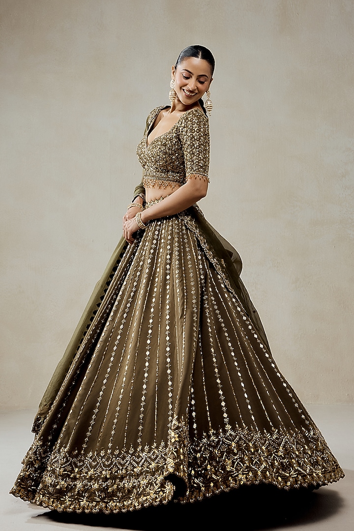 Mehendi Green Organza Sequins Embroidered Bridal Lehenga Set by NITIKA GUJRAL at Pernia's Pop Up Shop