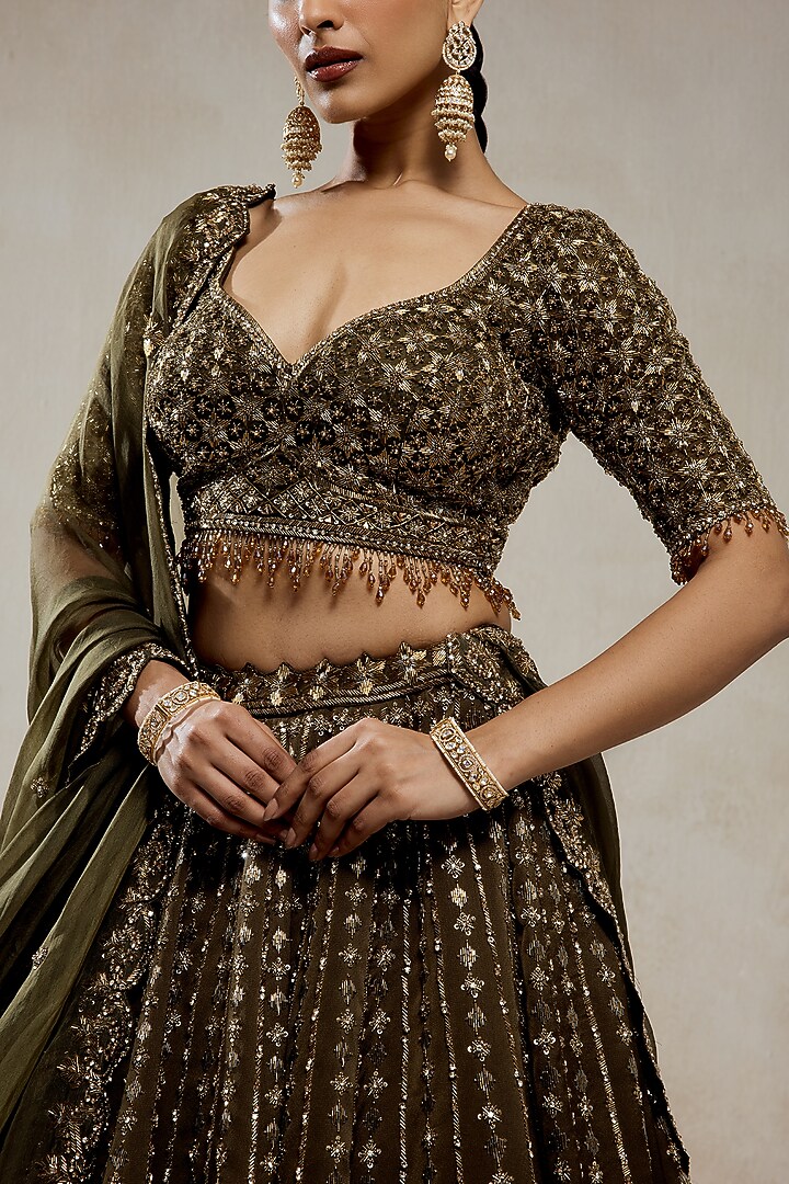 Mehendi Green Organza Sequins Embroidered Bridal Lehenga Set by NITIKA GUJRAL at Pernia's Pop Up Shop