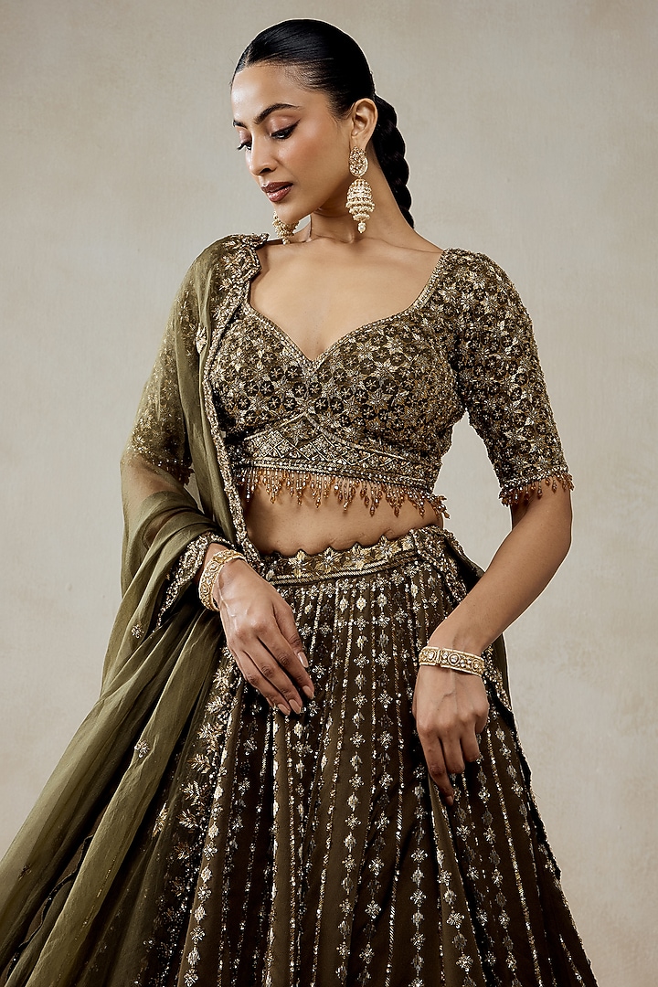 Mehendi Green Organza Sequins Embroidered Bridal Lehenga Set by NITIKA GUJRAL at Pernia's Pop Up Shop