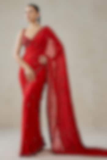 Red Georgette Sequins Embroidered Reception Saree Set by NITIKA GUJRAL at Pernia's Pop Up Shop