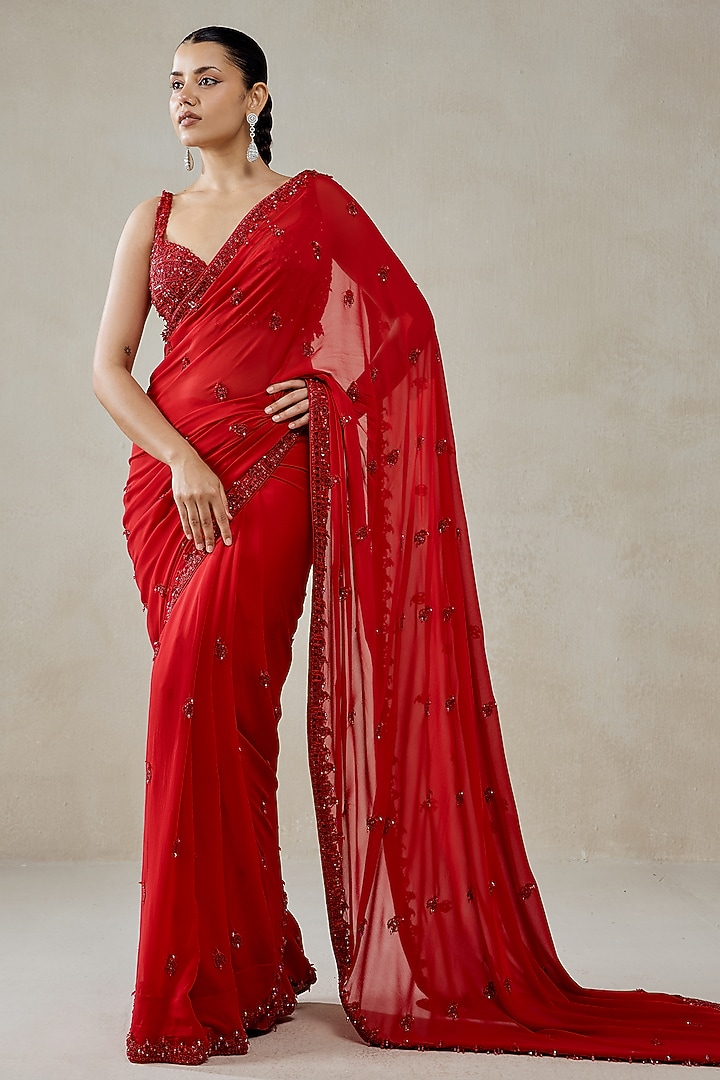 Red Georgette Sequins Embroidered Reception Saree Set by NITIKA GUJRAL at Pernia's Pop Up Shop