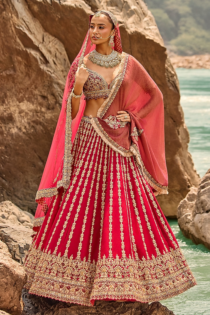 Crimson Red Raw Silk Zardosi Embroidered Bridal Bridal Lehenga Set by NITIKA GUJRAL at Pernia's Pop Up Shop