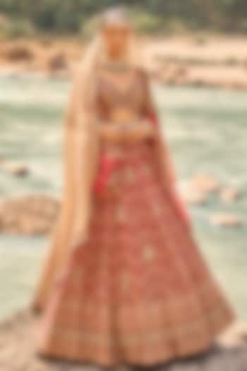 Scarlet Red Raw Silk Zardosi Embroidered Bridal Bridal Lehenga Set by NITIKA GUJRAL at Pernia's Pop Up Shop