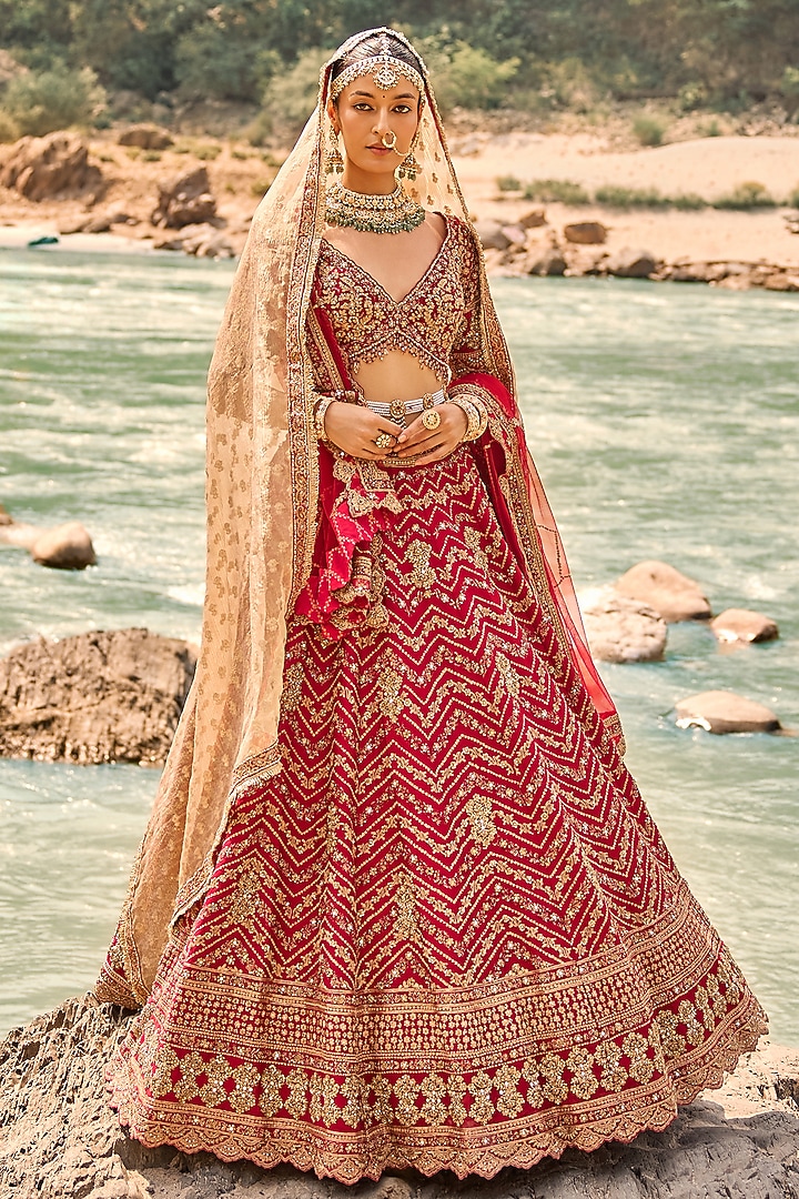 Scarlet Red Raw Silk Zardosi Embroidered Bridal Bridal Lehenga Set by NITIKA GUJRAL at Pernia's Pop Up Shop