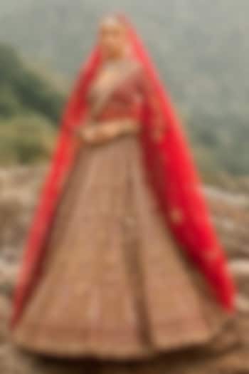 Ruby Maroon Raw Silk Zardosi Embellished Bridal Bridal Lehenga Set by NITIKA GUJRAL at Pernia's Pop Up Shop