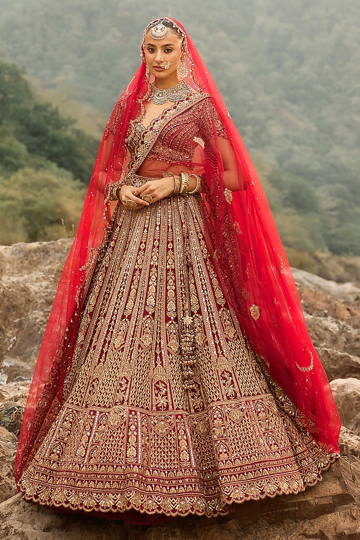 Ruby Maroon Raw Silk Zardosi Embellished Bridal Bridal Lehenga Set by NITIKA GUJRAL at Pernia's Pop Up Shop