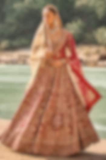 Crimson Red Raw Silk Zardosi Embroidered Bridal Bridal Lehenga Set by NITIKA GUJRAL at Pernia's Pop Up Shop