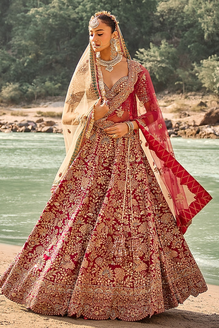 Crimson Red Raw Silk Zardosi Embroidered Bridal Bridal Lehenga Set by NITIKA GUJRAL at Pernia's Pop Up Shop