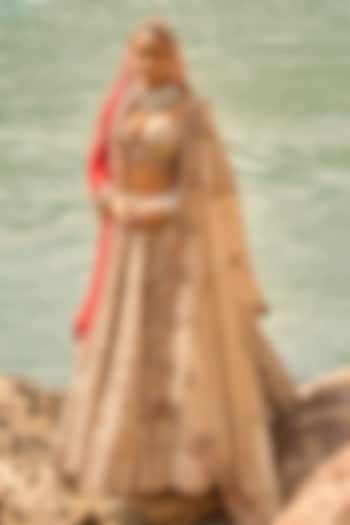 Imperial Gold Satin Tissue Zardosi Embroidered Bridal Bridal Lehenga Set by NITIKA GUJRAL at Pernia's Pop Up Shop