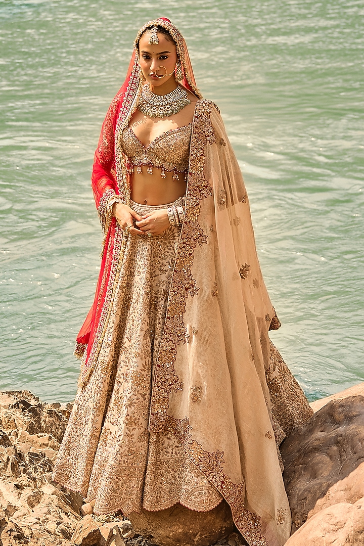 Imperial Gold Satin Tissue Zardosi Embroidered Bridal Bridal Lehenga Set by NITIKA GUJRAL at Pernia's Pop Up Shop
