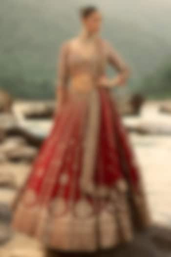 Crimson Red Raw Silk Zardosi Embroidered Bridal Bridal Lehenga Set by NITIKA GUJRAL at Pernia's Pop Up Shop