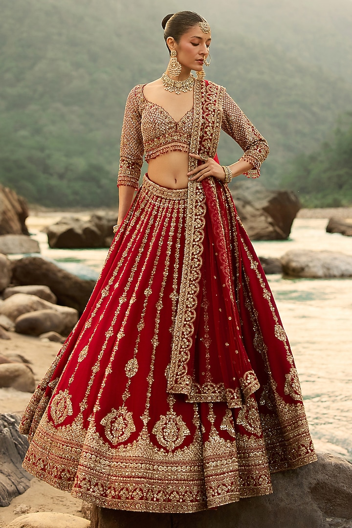 Crimson Red Raw Silk Zardosi Embroidered Bridal Bridal Lehenga Set by NITIKA GUJRAL at Pernia's Pop Up Shop