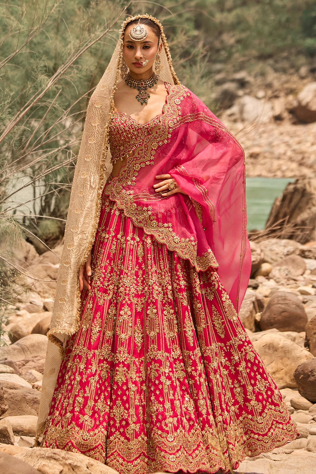 NITIKA GUJRAL Rouge Fuchsia Raw Silk Zardosi Embroidered Bridal Lehenga Set