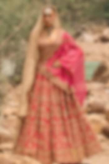 Rouge Fuchsia Raw Silk Zardosi Embroidered Bridal Bridal Lehenga Set by NITIKA GUJRAL at Pernia's Pop Up Shop