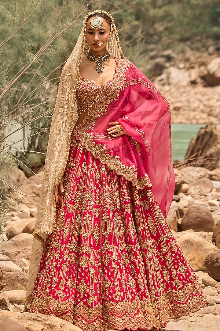 Rouge Fuchsia Raw Silk Zardosi Embroidered Bridal Bridal Lehenga Set by NITIKA GUJRAL at Pernia's Pop Up Shop
