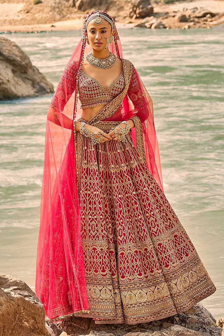 Regal Red Raw Silk Zardosi Embroidered Bridal Bridal Lehenga Set by NITIKA GUJRAL at Pernia's Pop Up Shop