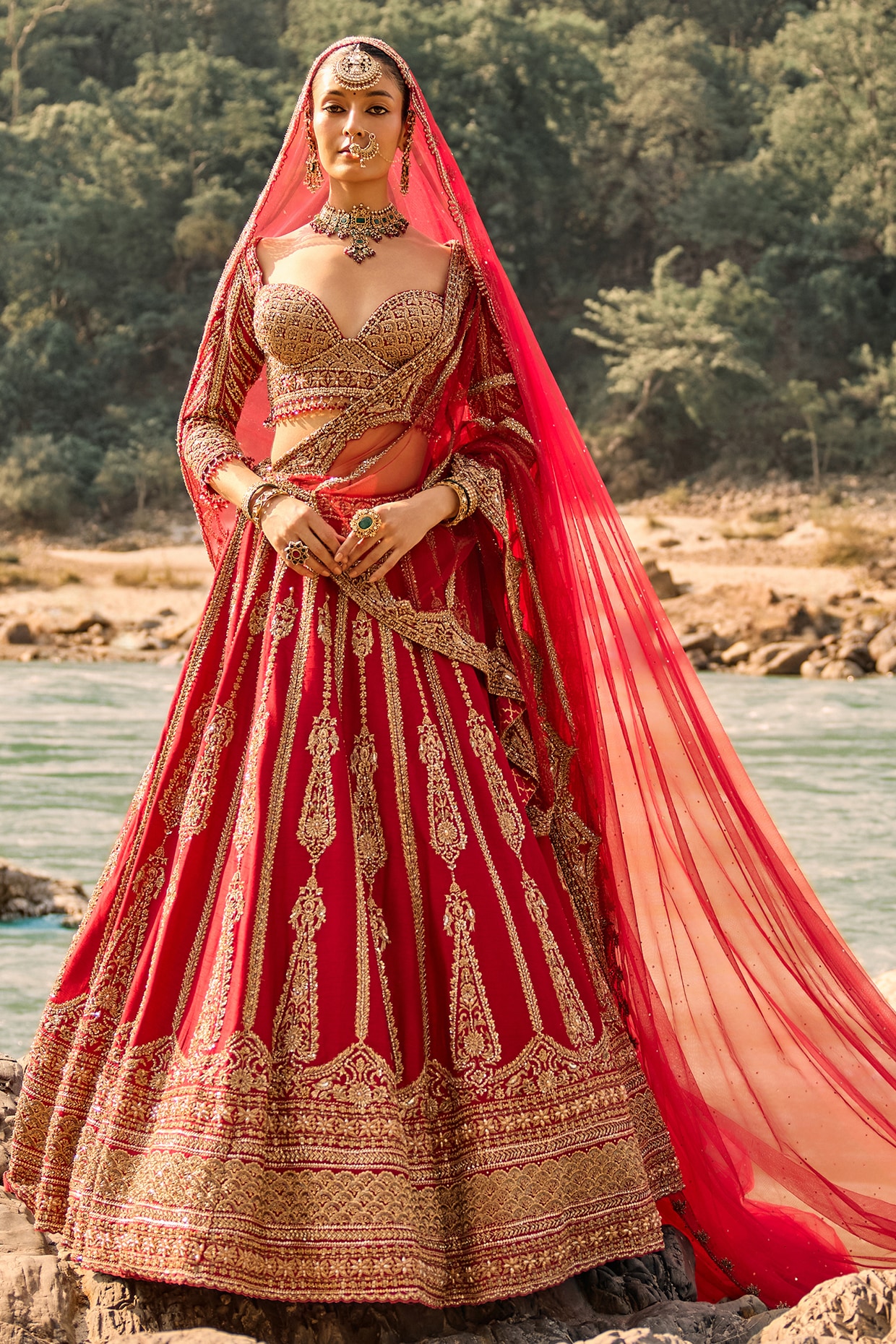 NITIKA GUJRAL Crimson Red Raw Silk Zardosi Embroidered Bridal Lehenga Set