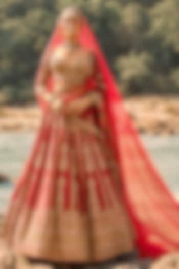 Crimson Red Raw Silk Zardosi Embroidered Bridal Bridal Lehenga Set by NITIKA GUJRAL at Pernia's Pop Up Shop