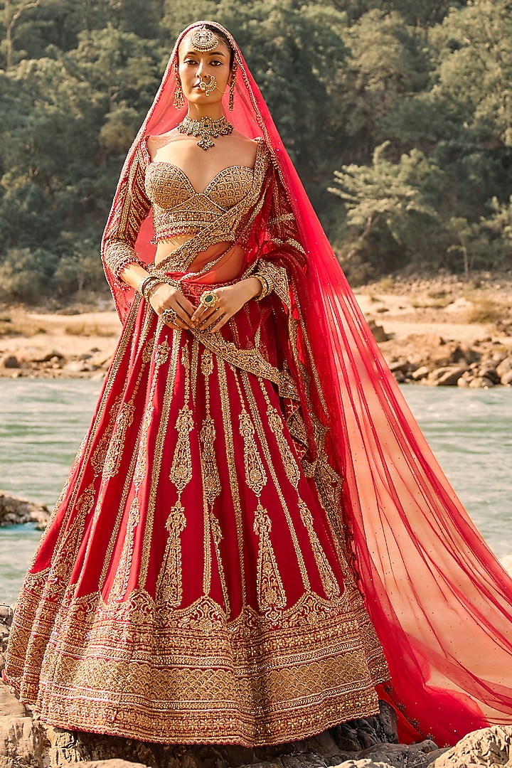 Crimson Red Raw Silk Zardosi Embroidered Bridal Bridal Lehenga Set by NITIKA GUJRAL at Pernia's Pop Up Shop