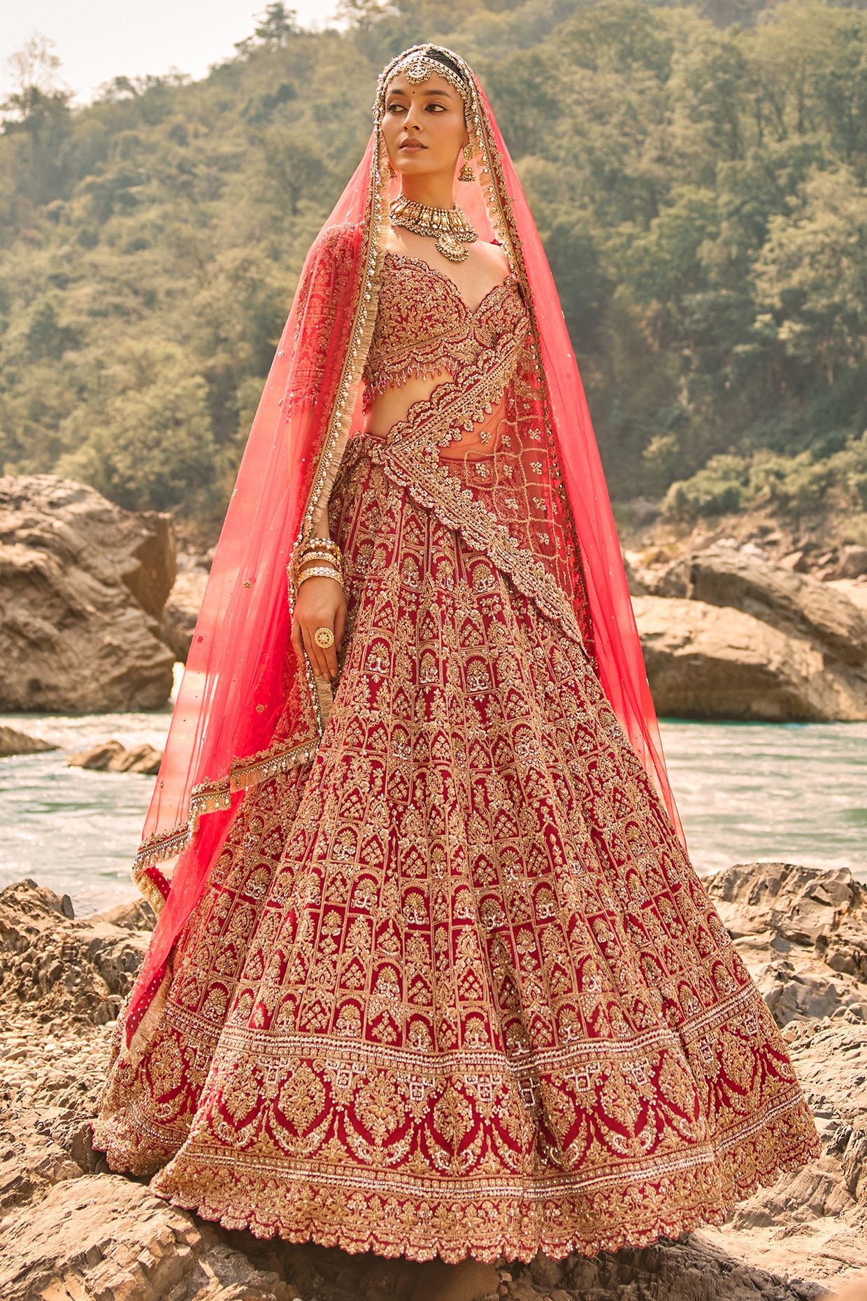 NITIKA GUJRAL Flame Red Raw Silk Zardosi Embroidered Bridal Lehenga Set