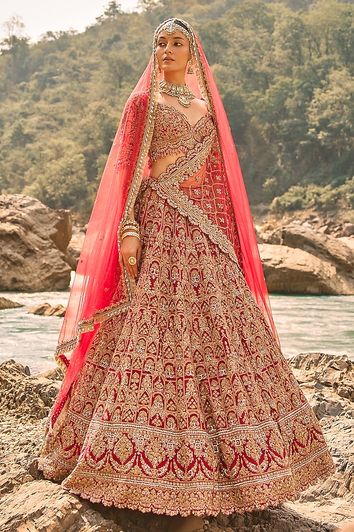 Flame Red Raw Silk Zardosi Embroidered Bridal Bridal Lehenga Set by NITIKA GUJRAL at Pernia's Pop Up Shop