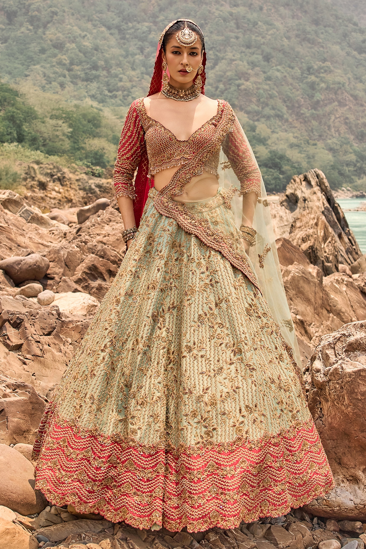 NITIKA GUJRAL Misty Sage Green Raw Silk Zardosi Embroidered Bridal Lehenga Set