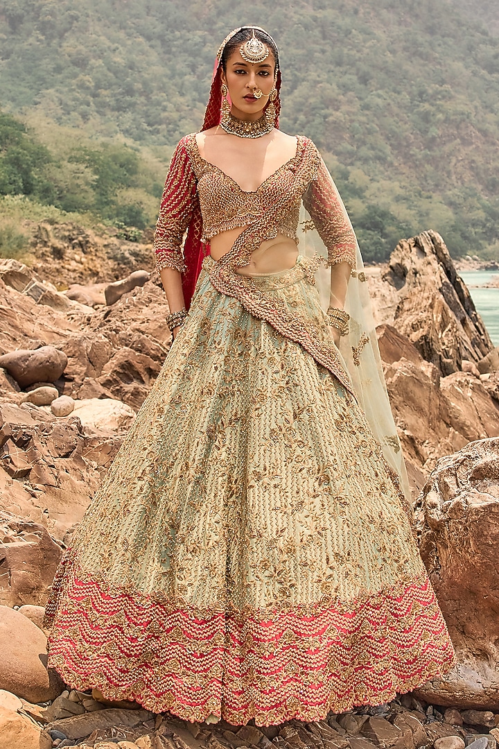 Misty Sage Green Raw Silk Zardosi Embroidered Bridal Bridal Lehenga Set by NITIKA GUJRAL at Pernia's Pop Up Shop