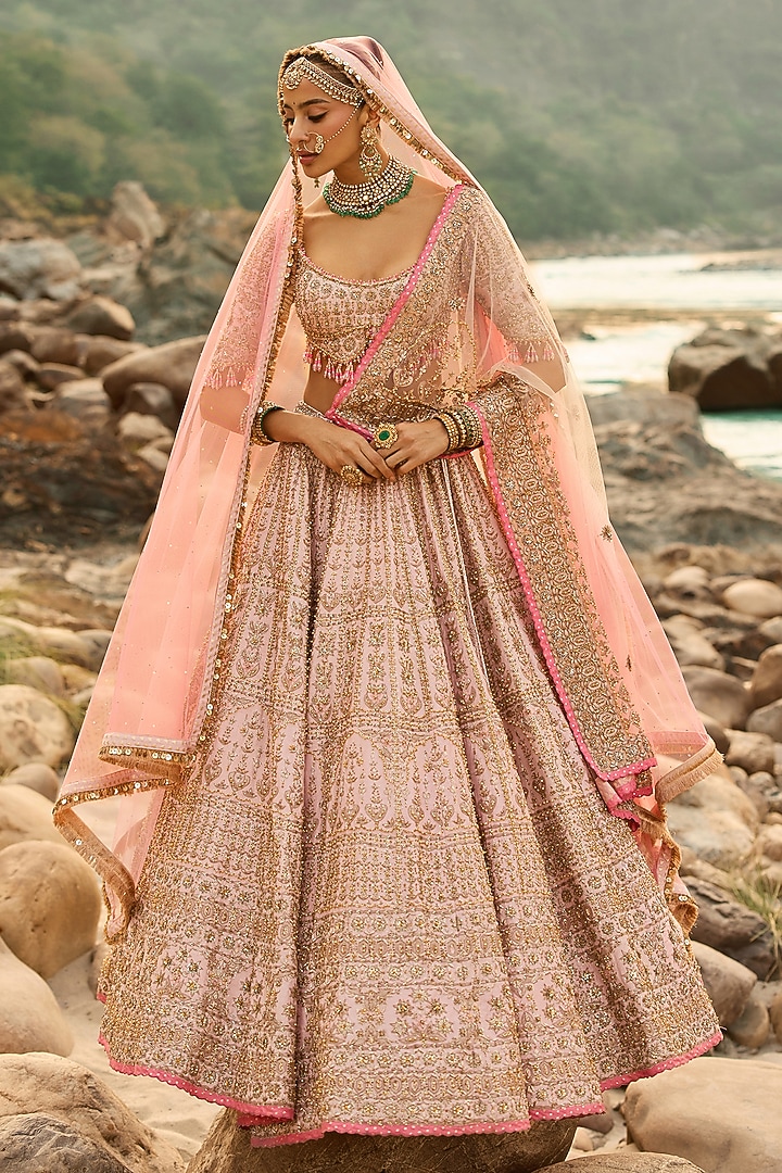 Blush Pink Raw Silk Embroidered Bridal Bridal Lehenga Set by NITIKA GUJRAL at Pernia's Pop Up Shop