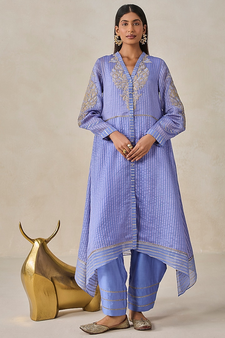 Ink Blue Chanderi Applique Embroidered Kurta Set by NITIKA GUJRAL at Pernia's Pop Up Shop