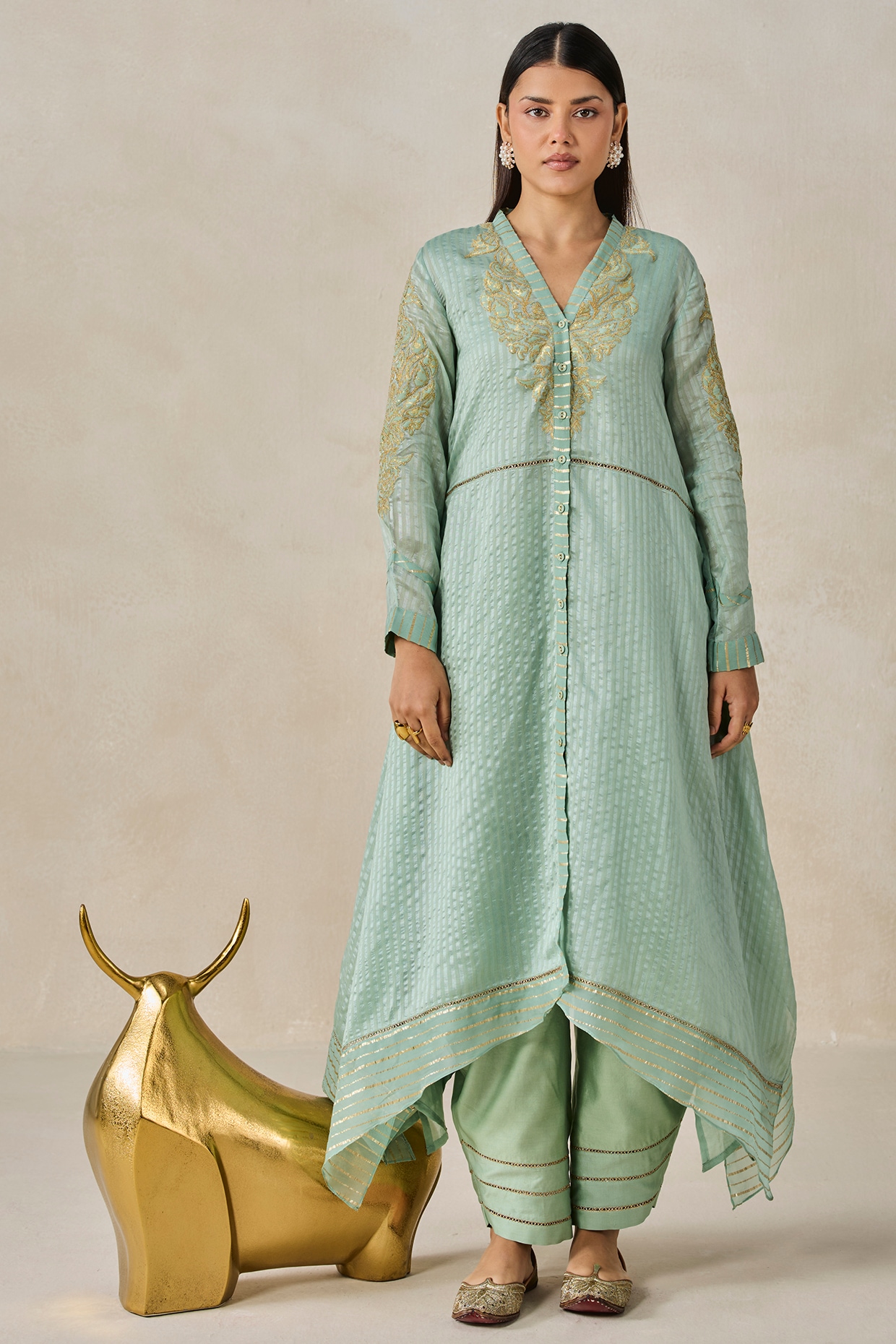 NITIKA GUJRAL Sage Green Chanderi Applique Embroidered Kurta Set