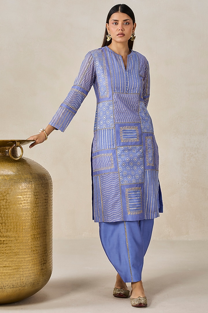 Ink Blue Chanderi Patchwork Kurta Set by NITIKA GUJRAL at Pernia's Pop Up Shop