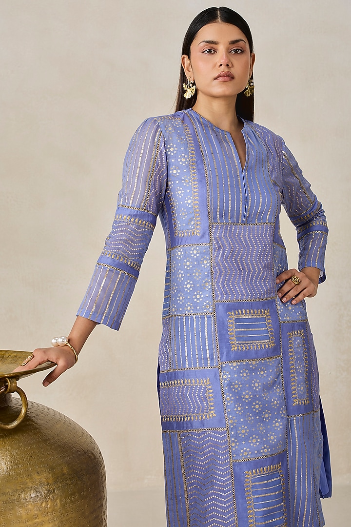 Ink Blue Chanderi Patchwork Kurta Set by NITIKA GUJRAL at Pernia's Pop Up Shop