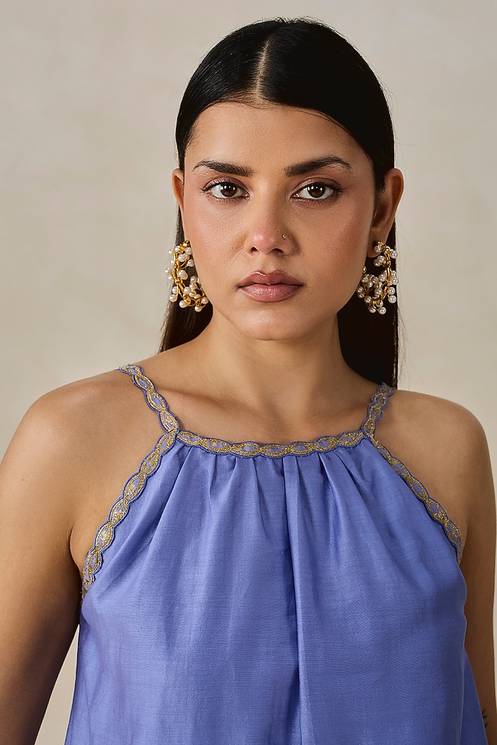 Ink Blue Chanderi Applique Embroidered Short Kurta Set by NITIKA GUJRAL at Pernia's Pop Up Shop